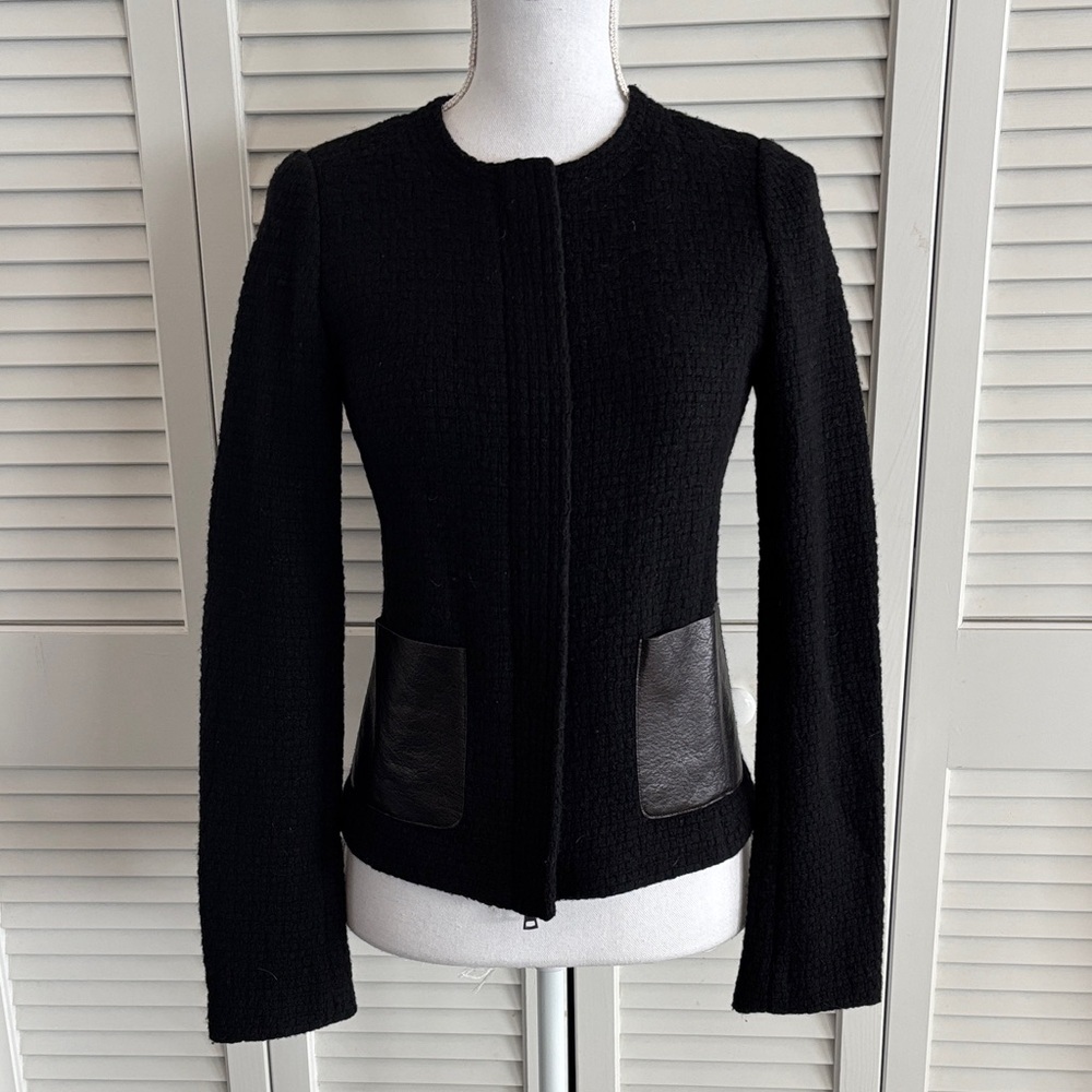 VINCE Black Wool Blend Faux Leather Zip Up Blazer Jacket Women’s Woven Size 6